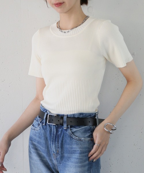 MAISON BREEZE reveur（メゾンブリーズレヴール）の「【MAISON BREEZE reveur】Ribbed short-sleeved knit リブ切替クルーネックハーフスリーブニット 半袖ニット（ニット/セーター・レディース・オフホワイト/レッド/ブラック・FREE）」の18枚目の写真