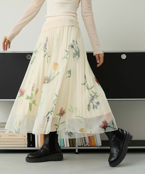 チャコット　フラワープリント チュールフレアスカート セール】フラワープリントチュールフレアスカート（スカート