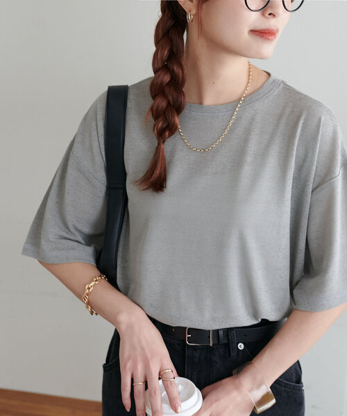DISCOAT(ディスコート)の「【新色追加/WEB限定】梨地シアー5分袖(Tシャツ/カットソー・レディース・グレー/ピンク/オレンジ/ホワイト/ブラック/ネイビー/ブラウン/グリーン/モカ/バーガンディー・MEDIUM)」の3枚目の写真