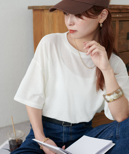 DISCOAT(ディスコート)の「【新色追加/WEB限定】梨地シアー5分袖(Tシャツ/カットソー・レディース・グレー/ピンク/オレンジ/ホワイト/ブラック/ネイビー/ブラウン/グリーン/モカ/バーガンディー・MEDIUM)」の1枚目の写真