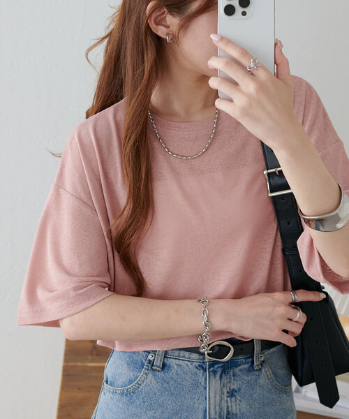 セール】【新色追加/WEB限定】梨地シアー5分袖（Tシャツ/カットソー