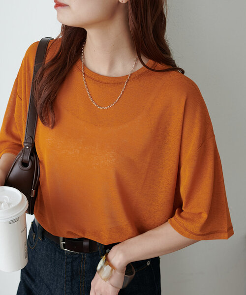 DISCOAT(ディスコート)の「【新色追加/WEB限定】梨地シアー5分袖(Tシャツ/カットソー・レディース・グレー/ピンク/オレンジ/ホワイト/ブラック/ネイビー/ブラウン/グリーン/モカ/バーガンディー・MEDIUM)」の10枚目の写真