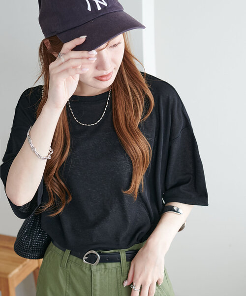 セール】【新色追加/WEB限定】梨地シアー5分袖（Tシャツ/カットソー