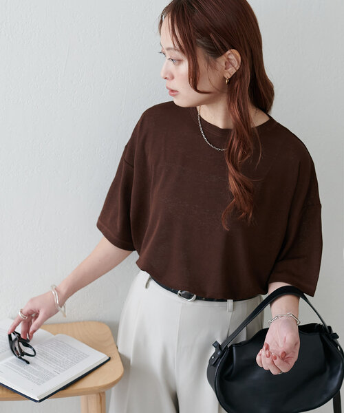 セール】【新色追加/WEB限定】梨地シアー5分袖（Tシャツ/カットソー