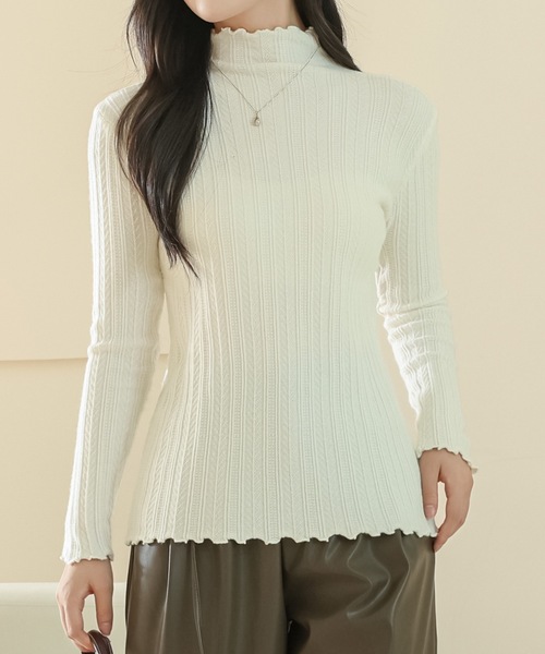 セール】プチハイネック メロウ フリル 長袖 ニット プルオーバー