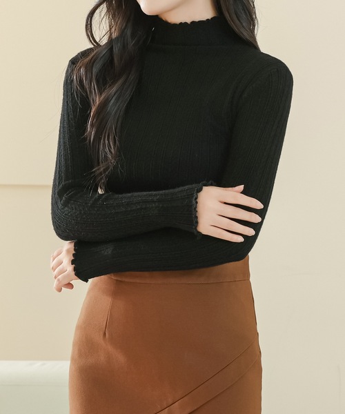 Lace Ladies（レースレディース）の「プチハイネック メロウ フリル 長袖 ニット プルオーバー（ニット/セーター・レディース・ベージュ/ブラウン/ブラック/アイボリー/グレイッシュベージュ・FREE）」の7枚目の写真