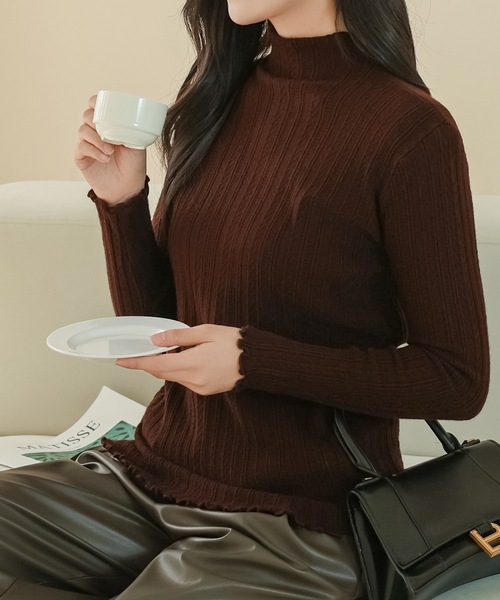 Lace Ladies（レースレディース）の「プチハイネック メロウ フリル 長袖 ニット プルオーバー（ニット/セーター・レディース・ベージュ/ブラウン/ブラック/アイボリー/グレイッシュベージュ・FREE）」の14枚目の写真