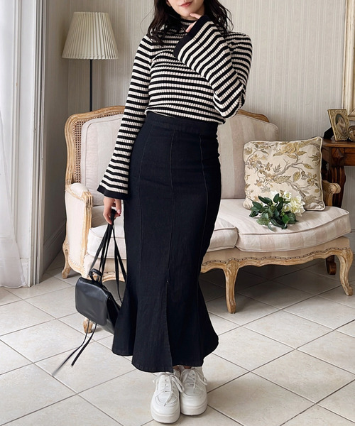 MIIA（ミーア）の「フレアスリーブリブニット（ニット/セーター・レディース・ブラック/マルチ/オフホワイト/グレー・FREE）」の5枚目の写真