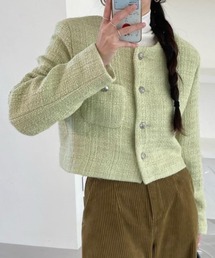 ノーカラージャケット（グリーン・カーキ/緑色系・ツイード