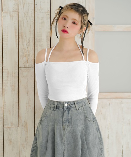 DearMyLoveRose(ディアマイラブローズ)の「ホルターネックオフショルテレコトップス(Tシャツ/カットソー・レディース・ホワイト/モカ/ブラック/ベビーピンク・FREE)」の1枚目の写真