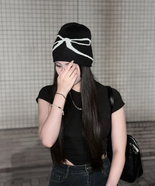 Silly（シリー）の「【韓国ストリートに◎】リボンロゴビーニー（ニットキャップ/ビーニー・レディース・ブラック/グレー/ライトグレー・FREE）」の5枚目の写真