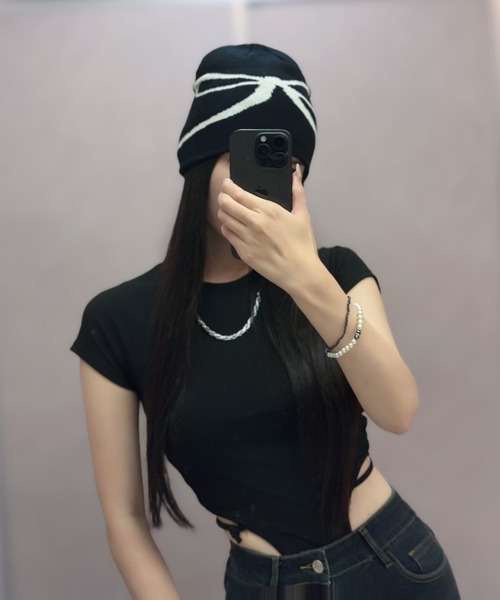 Silly（シリー）の「【韓国ストリートに◎】リボンロゴビーニー（ニットキャップ/ビーニー・レディース・ブラック/グレー/ライトグレー・FREE）」の4枚目の写真