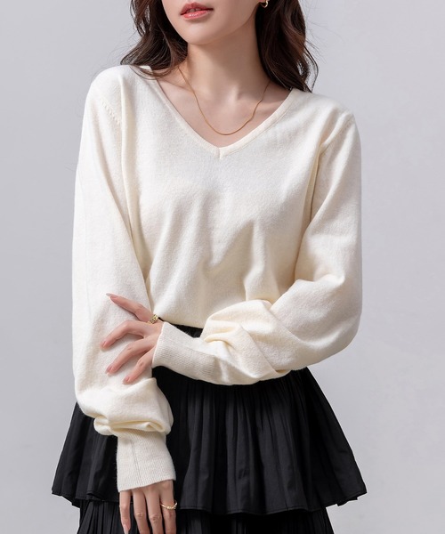 DAY CLOSET（デイ クローゼット）の「レディース 長袖きれいめVネックリブニットプルオーバー（ニット/セーター・レディース・アイボリー/ブラック/グレー・FREE）」の2枚目の写真