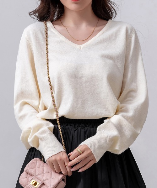 DAY CLOSET（デイ クローゼット）の「レディース 長袖きれいめVネックリブニットプルオーバー（ニット/セーター・レディース・アイボリー/ブラック/グレー・FREE）」の4枚目の写真