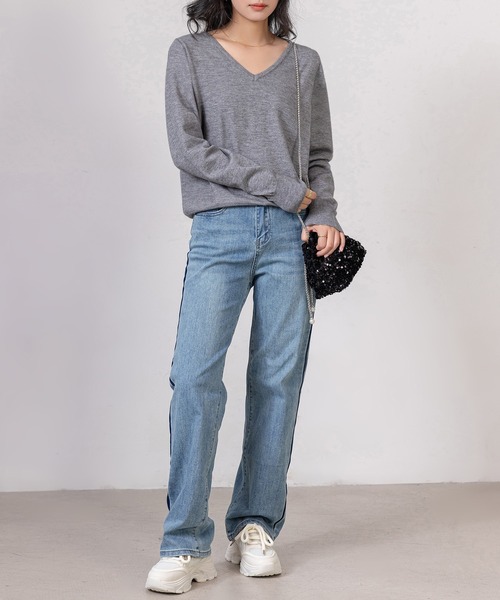 DAY CLOSET（デイ クローゼット）の「レディース 長袖きれいめVネックリブニットプルオーバー（ニット/セーター・レディース・アイボリー/ブラック/グレー・FREE）」の19枚目の写真
