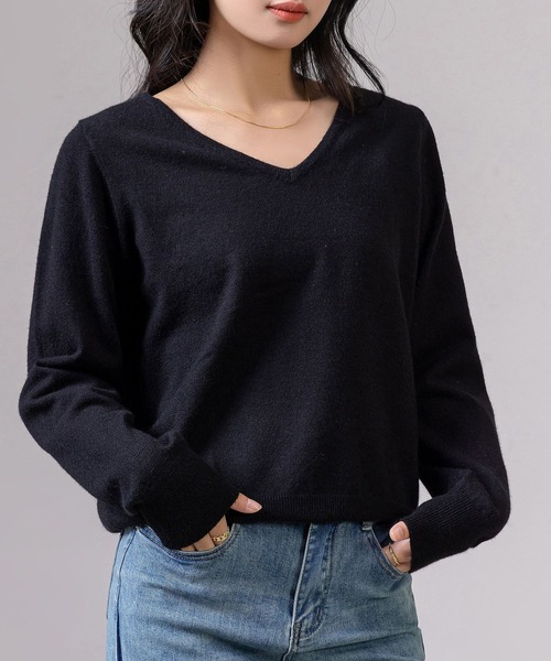 DAY CLOSET（デイ クローゼット）の「レディース 長袖きれいめVネックリブニットプルオーバー（ニット/セーター・レディース・アイボリー/ブラック/グレー・FREE）」の9枚目の写真
