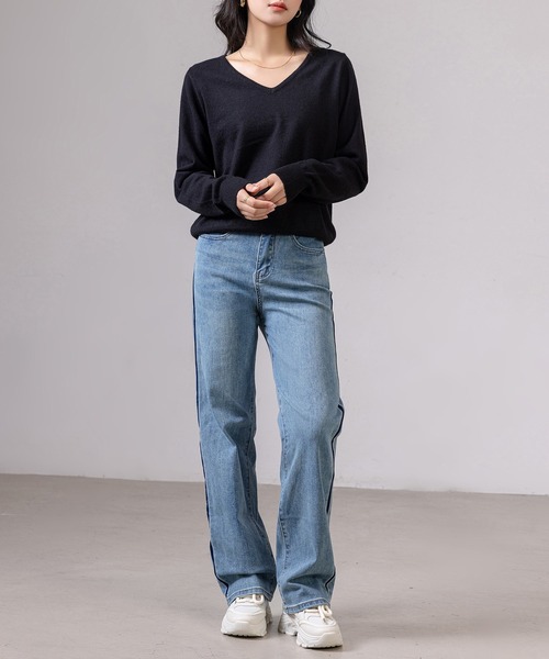 DAY CLOSET（デイ クローゼット）の「レディース 長袖きれいめVネックリブニットプルオーバー（ニット/セーター・レディース・アイボリー/ブラック/グレー・FREE）」の13枚目の写真