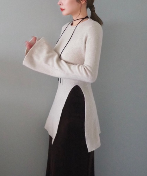 side slit ribknit pullover /アシンメトリースリットニット