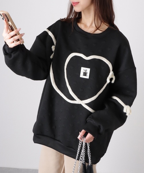 Lace Ladies(レースレディース)の「ハート リボン ぽこぽこ 長袖 プルオーバー(スウェット・レディース・ブラック/グレー・M/XL)」の2枚目の写真