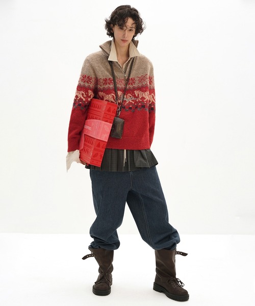 セール】オーバーサイズ スタンドカラー ハーフZIP 総柄ニット MY2150