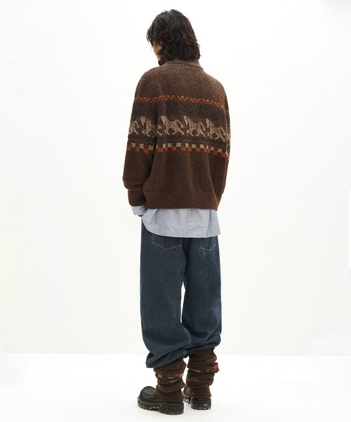 セール】オーバーサイズ スタンドカラー ハーフZIP 総柄ニット MY2150