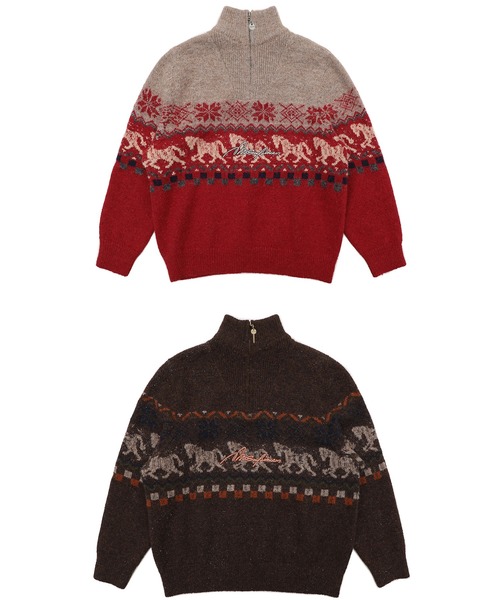 セール】オーバーサイズ スタンドカラー ハーフZIP 総柄ニット MY2150