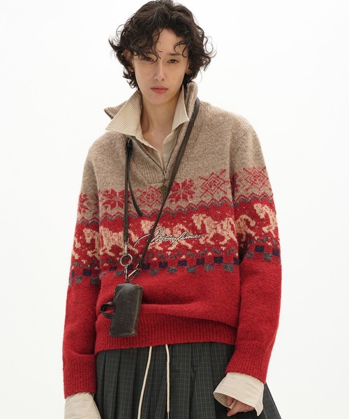 MAYDI ニット　セーター　2024年 セール】オーバーサイズ スタンドカラー ハーフZIP 総柄ニット MY2150