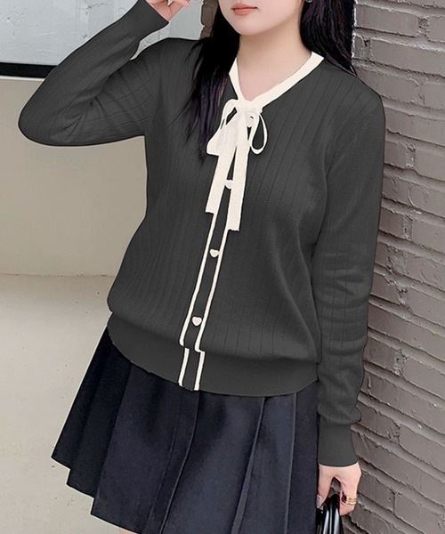 GOLDJAPAN（ゴールドジャパン）の「リボンタイバイカラーリブニット【大きいサイズ対応】（ニット/セーター・レディース・ブラック/オフホワイト・LL/3L/4L）」の2枚目の写真