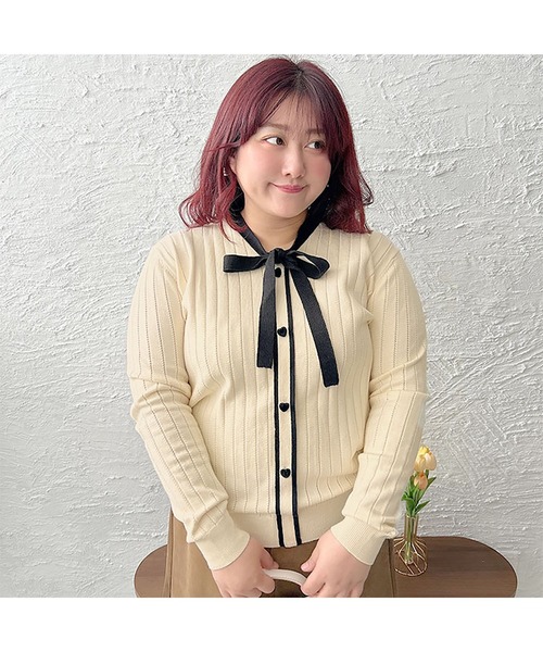 GOLDJAPAN（ゴールドジャパン）の「リボンタイバイカラーリブニット【大きいサイズ対応】（ニット/セーター・レディース・ブラック/オフホワイト・LL/3L/4L）」の8枚目の写真