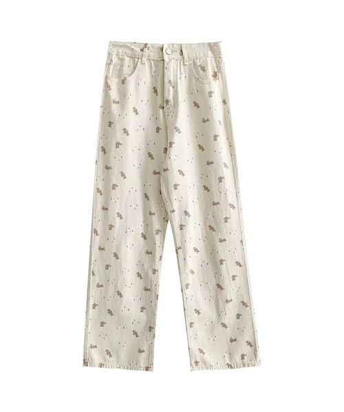 Teem Store（チームストア）の「ベアーモチーフ 総柄 ワイドパンツ（デニムパンツ・レディース・ホワイト・M/S/L）」の2枚目の写真