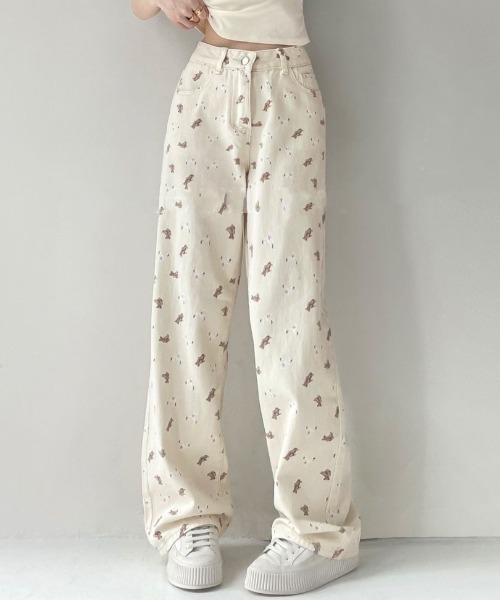 Teem Store（チームストア）の「ベアーモチーフ 総柄 ワイドパンツ（デニムパンツ・レディース・ホワイト・M/S/L）」の9枚目の写真