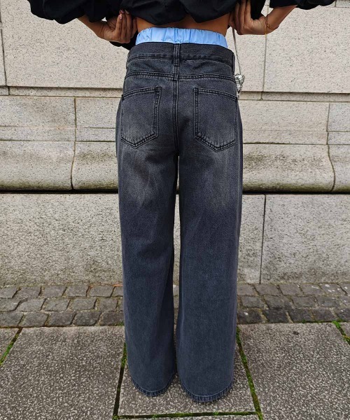 esutoreja(エストレジャ)の「レイヤードデニムワイドパンツ(デニムパンツ・レディース・ライトブルー/ブラック・S/M)」の8枚目の写真