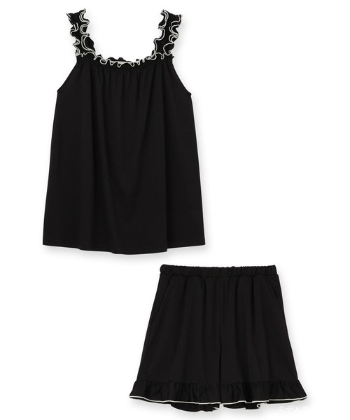 fran de lingerie（フランデランジェリー）の「「tororelax とろリラ」フリルノースリーブトップス＆ショートパンツ セットアップ（キャミソール・レディース・コーラルピンク/アイボリー/ブラック/ネイビー・M-L）」の3枚目の写真