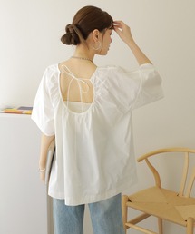 back open ribbon gather blouse /バックオープン リボン ギャザー 半袖 ブラウス