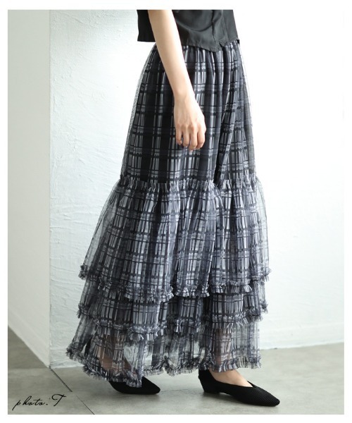 チェック柄チュールフリルティアードスカート（スカート）｜Sawa