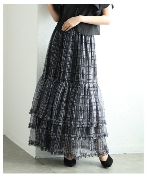 Sawa a la mode（サワアラモード）の「チェック柄チュールフリルティアードスカート（スカート・レディース・ブルー/ブラック・FREE）」の7枚目の写真