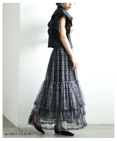 Sawa a la mode（サワアラモード）の「チェック柄チュールフリルティアードスカート（スカート・レディース・ブルー/ブラック・FREE）」の8枚目の写真
