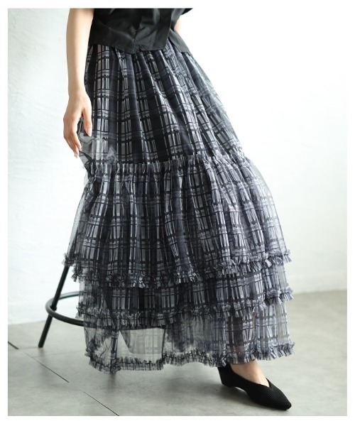 Sawa a la mode（サワアラモード）の「チェック柄チュールフリルティアードスカート（スカート・レディース・ブルー/ブラック・FREE）」の10枚目の写真