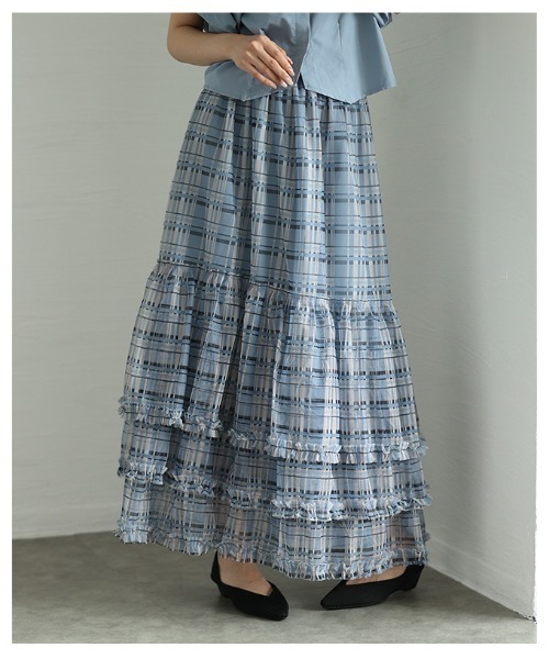 Sawa a la mode（サワアラモード）の「チェック柄チュールフリルティアードスカート（スカート・レディース・ブルー/ブラック・FREE）」の13枚目の写真
