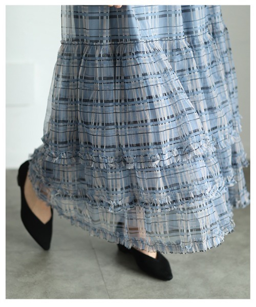 Sawa a la mode（サワアラモード）の「チェック柄チュールフリルティアードスカート（スカート・レディース・ブルー/ブラック・FREE）」の14枚目の写真