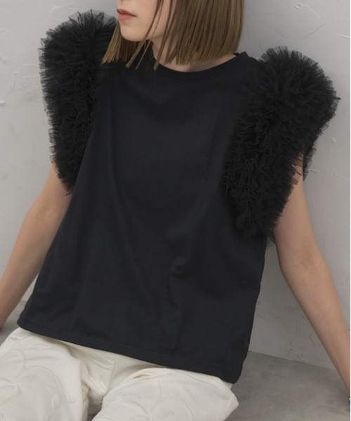 leimn(レイムン)の「フリルチュールスリーブトップス(Tシャツ/カットソー・レディース・ブラック/チャコールグレー/ホワイト・M)」の3枚目の写真
