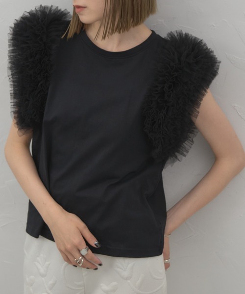leimn(レイムン)の「フリルチュールスリーブトップス(Tシャツ/カットソー・レディース・ブラック/チャコールグレー/ホワイト・M)」の6枚目の写真