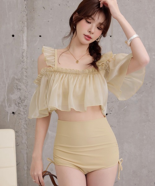 TeddyShop（テディショップ）の「レディース水着 オフショル風オーガンジーメロウフリルハイウエストビキニ 上下2点セット（水着・レディース・ブルー/ブラック/ベージュ/ホワイト・S/L/M）」の3枚目の写真