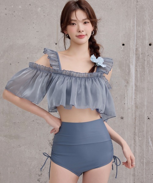 TeddyShop（テディショップ）の「レディース水着 オフショル風オーガンジーメロウフリルハイウエストビキニ 上下2点セット（水着・レディース・ブルー/ブラック/ベージュ/ホワイト・S/L/M）」の4枚目の写真