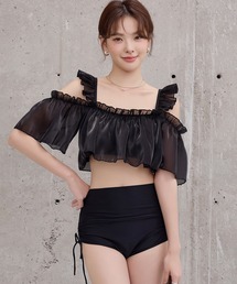 TeddyShop | レディース水着 オフショル風オーガンジーメロウフリルハイウエストビキニ 上下2点セット(水着)