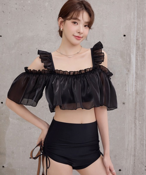 TeddyShop（テディショップ）の「レディース水着 オフショル風オーガンジーメロウフリルハイウエストビキニ 上下2点セット（水着・レディース・ブルー/ブラック/ベージュ/ホワイト・S/L/M）」の14枚目の写真