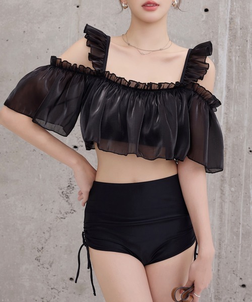 TeddyShop（テディショップ）の「レディース水着 オフショル風オーガンジーメロウフリルハイウエストビキニ 上下2点セット（水着・レディース・ブルー/ブラック/ベージュ/ホワイト・S/L/M）」の16枚目の写真