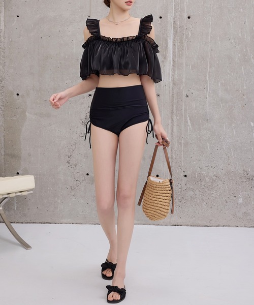 TeddyShop（テディショップ）の「レディース水着 オフショル風オーガンジーメロウフリルハイウエストビキニ 上下2点セット（水着・レディース・ブルー/ブラック/ベージュ/ホワイト・S/L/M）」の19枚目の写真