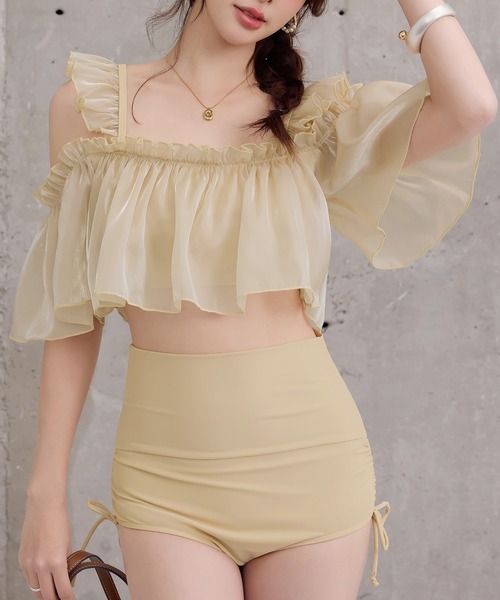 TeddyShop（テディショップ）の「レディース水着 オフショル風オーガンジーメロウフリルハイウエストビキニ 上下2点セット（水着・レディース・ブルー/ブラック/ベージュ/ホワイト・S/L/M）」の20枚目の写真