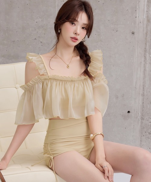 TeddyShop（テディショップ）の「レディース水着 オフショル風オーガンジーメロウフリルハイウエストビキニ 上下2点セット（水着・レディース・ブルー/ブラック/ベージュ/ホワイト・S/L/M）」の21枚目の写真